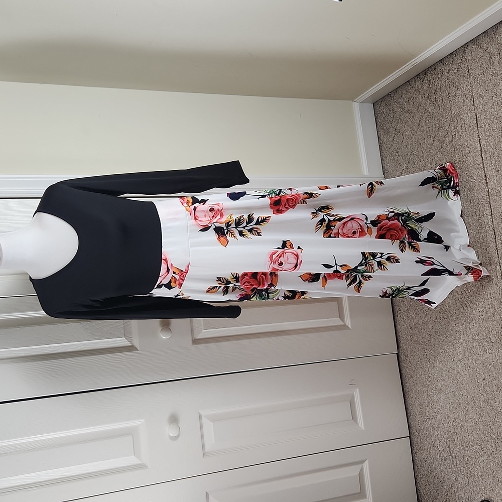 Floral long sleeve maxi dress black white pink fall winter size L